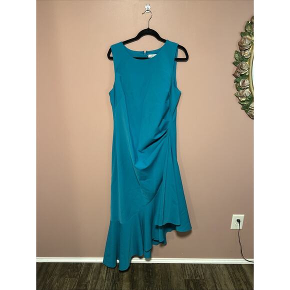 Eliza J Asymmetric Ruffle Hem Ruched Side Dress, Bright Turquoise Sz 18 Cocktail - Picture 1 of 5